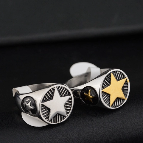 Anello Retrò Hip Hop Con Piastra Rotonda Stella Acciaio Inossidabile Vintage Industrial Punk Band Ring Per Donna Uomo Gioielli