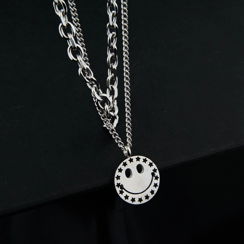 Hip Hop Titanium Steel Double Layer Necklace Silver Smile Face Star Pendant Round Charm Cuban Chain For Men Women Streetwear Jewelry