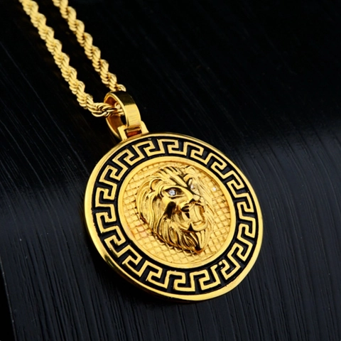 Hip Hop Löwenkopf Medaillon Anhänger Halskette Mit Griechischem Mäander Muster Gold Plattiert Titanstahl Kordelkette Streetwear Herren Schmuck