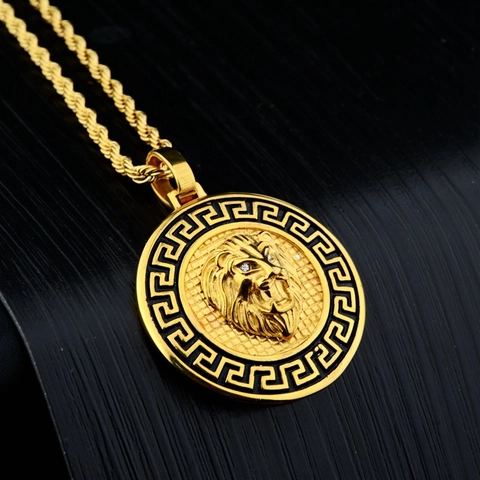 Hip Hop Löwenkopf Medaillon Anhänger Halskette Mit Griechischem Mäander Muster Gold Plattiert Titanstahl Kordelkette Streetwear Herren Schmuck