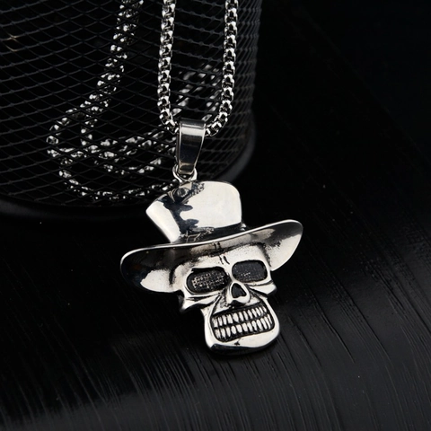 Edelstahl Gothic Zylinder Hut Totenkopf Anhänger Halskette Vintage Punk Hip Hop Rock Schmuck Für Herren Damen
