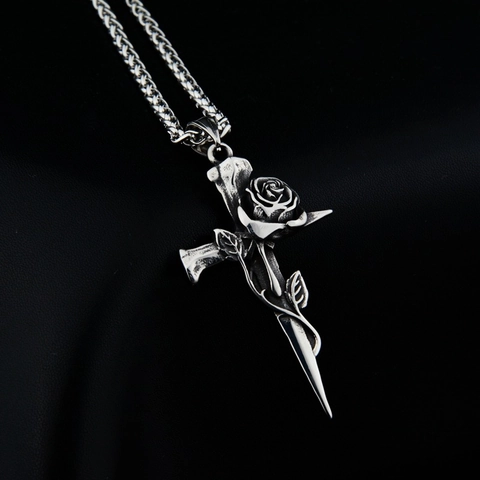 Vintage Gothic Titanium Steel Rose Cross Long Sword Κολιέ Μενταγιόν Ρετρό Ασημένιο Punk Hip Hop Κολιέ Κοσμήματα Αξεσουάρ