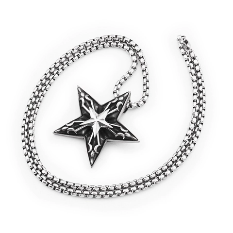 Gothic Pentagram Pendant Necklace Stainless Steel Vintage Carved Box Chain Hip Hop Star Jewelry For Men Women Party Punk