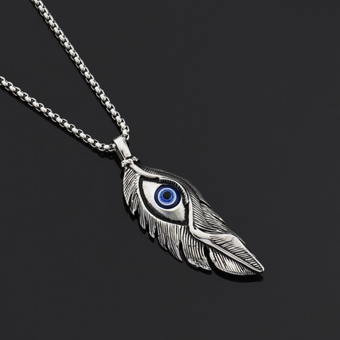 Hip Hop Stainless Steel Feather Evil Eye Pendant Necklace For Men Women Gold Silver Plated Box Chain Bohemian Jewelry