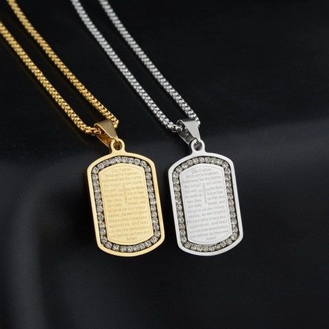 Collana Con Pendente a Piastrina in Acciaio al Titanio Con Croce e Strass Incisione Padre Nostro Gioielli Hip Hop Religiosi Unisex