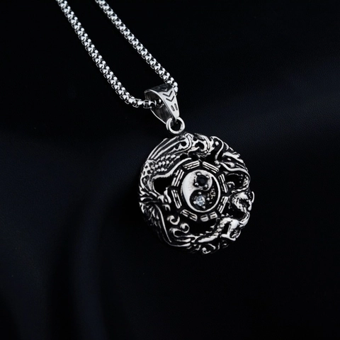 Collana con Ciondolo Vintage in Acciaio al Titanio Yin Yang Otto Trigrammi Strass Doppio Dragone Hip Hop Unisex