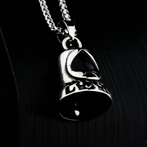 Vintage Titanium Steel Ace of Spades Bell Pendant Necklace Retro Punk Motorcycle Guardian Bell Jewelry For Men Women