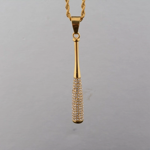 Collier Pendentif Batte de Baseball Hip Hop Incrusté de Strass Acier Titane Alliage Or Chaîne de Corde Bijoux Unisexe