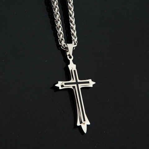 Collier Pendentif Croix Double Couche Hip Hop Chaîne de Blé en Acier Inoxydable Bijoux Style Gothique Rétro pour Hommes Femmes Fête