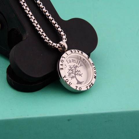 Stainless Steel Tree Of Life Engraved Round Pendant Necklace With Box Chain My Family I Love You To The Moon And Back Jewelry