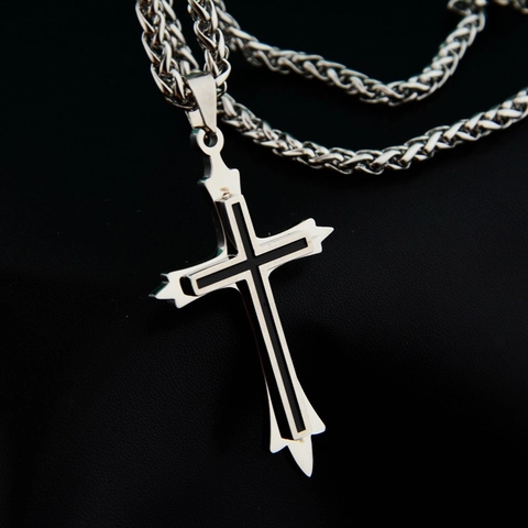 Collier Pendentif Croix Double Couche Hip Hop Chaîne de Blé en Acier Inoxydable Bijoux Style Gothique Rétro pour Hommes Femmes Fête