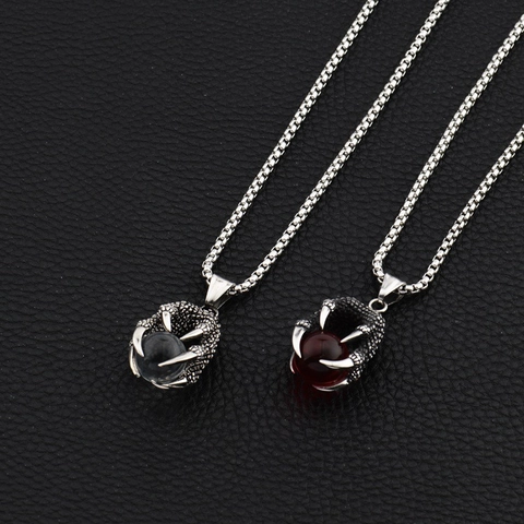 Gothic Dragon Claw With Artificial Gemstone Pendant Necklace For Men Women Stainless Steel Punk Street Jewelry Retro Style