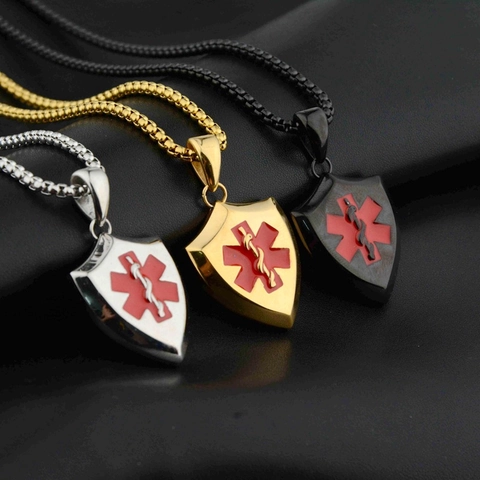 Titanstahl Medizinisches Symbol Schild Anhänger Halskette Für Herren Damen Lebensstern Notfall ID Edelstahl Schmuck
