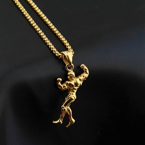 Fitness Bodybuilding Man Pendant Necklace Stainless Steel Muscle Man Gym Jewelry Workout Gift For Men Women Electroplated