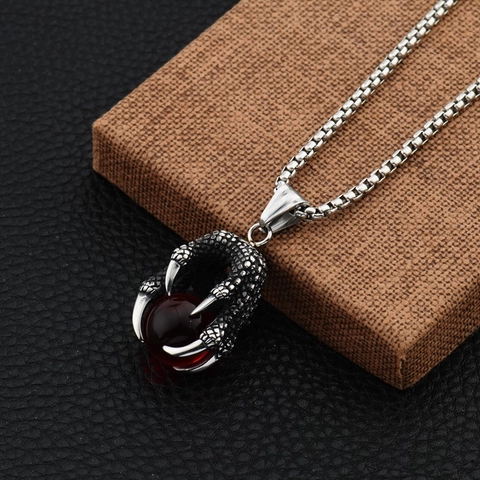 Gothic Dragon Claw With Artificial Gemstone Pendant Necklace For Men Women Stainless Steel Punk Street Jewelry Retro Style