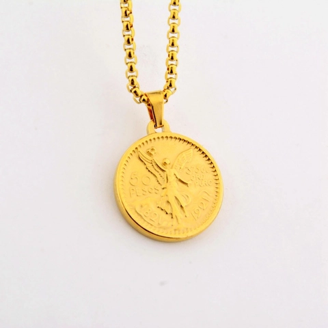 Vintage Mexican 50 Pesos Coin Pendant Necklace Stainless Steel Gold Plated Victory Goddess Hip Hop Jewelry For Unisex