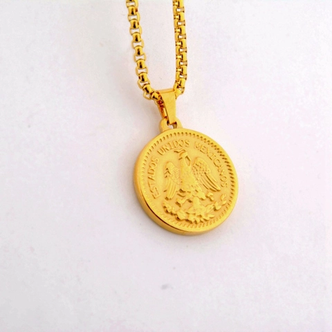 Vintage Mexican 50 Pesos Coin Pendant Necklace Stainless Steel Gold Plated Victory Goddess Hip Hop Jewelry For Unisex