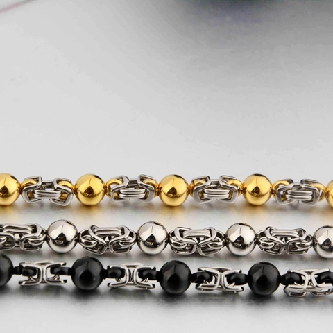Bracelet Perlé à Chaîne Byzantine en Acier au Titane Hip Hop pour Hommes Femmes Bijoux en Acier Inoxydable Punk Mode Cadeau Or Argent Noir