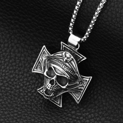 Vintage Stainless Steel Captain Skull Cross Pendant Necklace Punk Gothic Biker Jewelry Distressed Military Style For Men Women