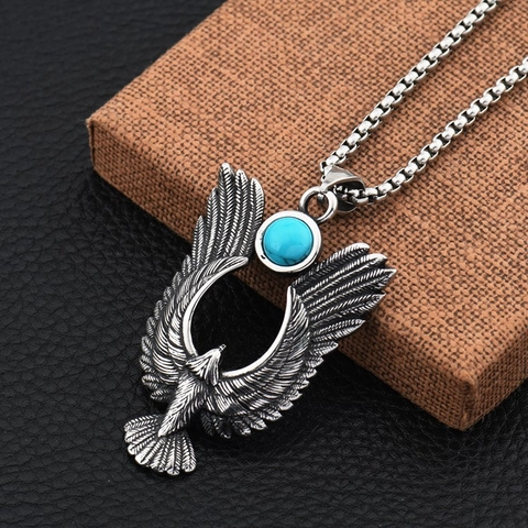 Collar con Colgante de Águila de Acero de Titanio Vintage para Hombres Mujeres Plata Antigua Incrustación de Turquesa Artificial Joyería Biker Hip Hop
