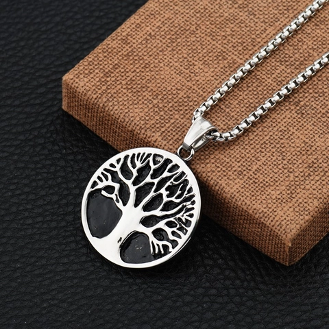 Collana Con Pendente Rotondo Albero della Vita in Acciaio al Titanio Retro Stile Hip Hop Gioielli in Metallo Argentato Unisex