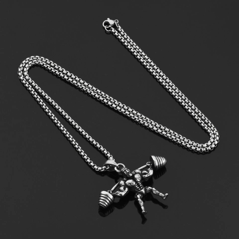 Men Stainless Steel Weightlifter Barbell Pendant Necklace Antique Silver Retro Muscle Man Gym Jewelry For Fitness Lovers