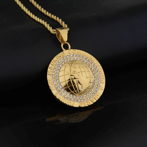 Collana Con Pendente Mappa Della Terra In Acciaio Inossidabile Con Zirconia Slogan Inciso Disco Rotondo Gioielli Hip Hop