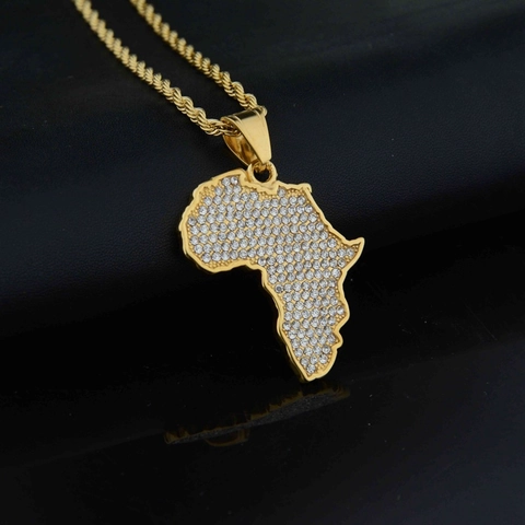 Hip Hop Titanium Staal Iced Out Afrika Kaart Hanger Ketting Voor Heren Dames Goud Strass Kaart Vorm Hanger Sieraden