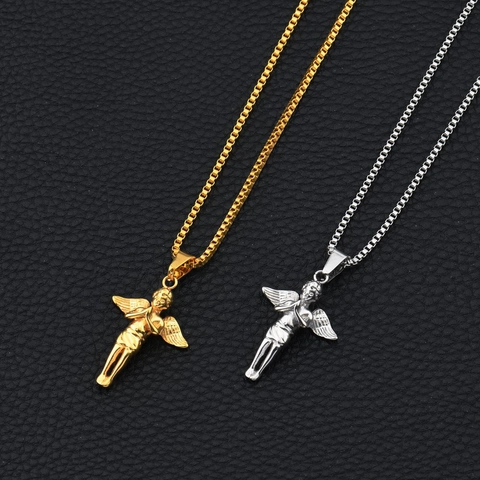 Stainless Steel Little Praying Angel Pendant Necklace For Men Women Hip Hop Retro Gold Silver Box Chain Jewelry Gift