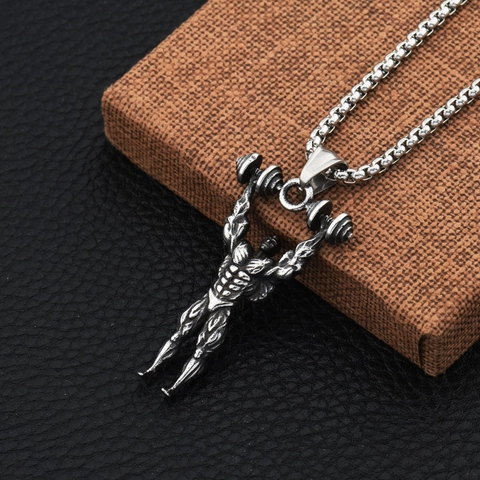 Stainless Steel Fitness Muscular Man Lifting Barbell Pendant Necklace Hip Hop Gym Sports Jewelry For Men Women Silver Tone