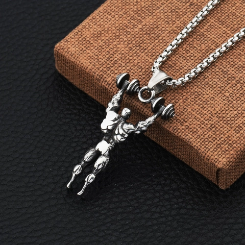 Stainless Steel Fitness Muscular Man Lifting Barbell Pendant Necklace Hip Hop Gym Sports Jewelry For Men Women Silver Tone