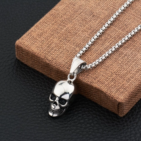 Collar con Colgante de Calavera 3D de Acero Inoxidable Punk Hip Hop Cadena de Caja Gótico Plata Joyería para Hombre Mujer Halloween