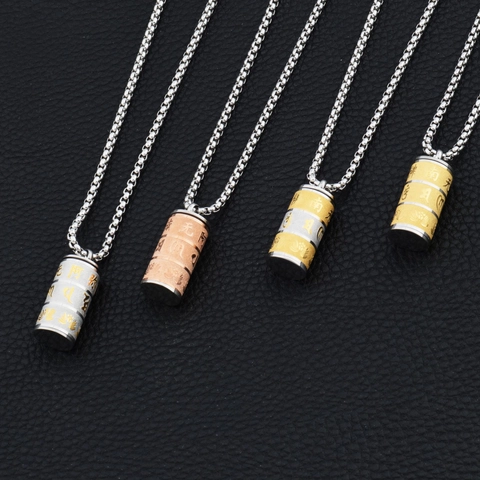 Collana con Ciondolo a Cilindro Rotante in Acciaio al Titanio Vintage per Uomo Donna Gioielli Mantra Buddista Loto
