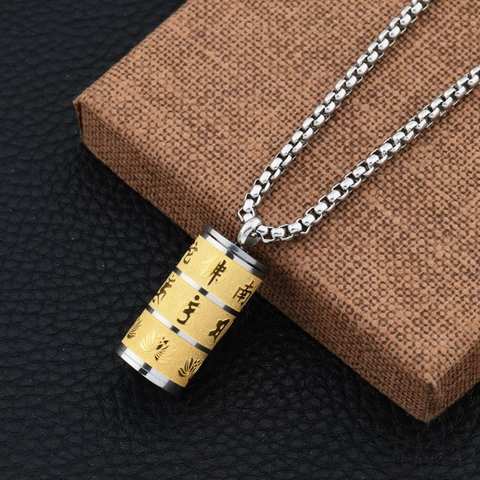 Collana con Ciondolo a Cilindro Rotante in Acciaio al Titanio Vintage per Uomo Donna Gioielli Mantra Buddista Loto