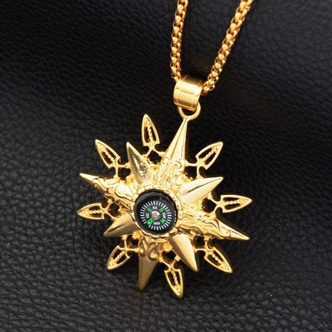 Collana con Pendente Bussola a Stella Hip Hop Acciaio al Titanio Placcato Oro Bussola Stella Ciondolo Catena Box Gioielli Uomo Donna