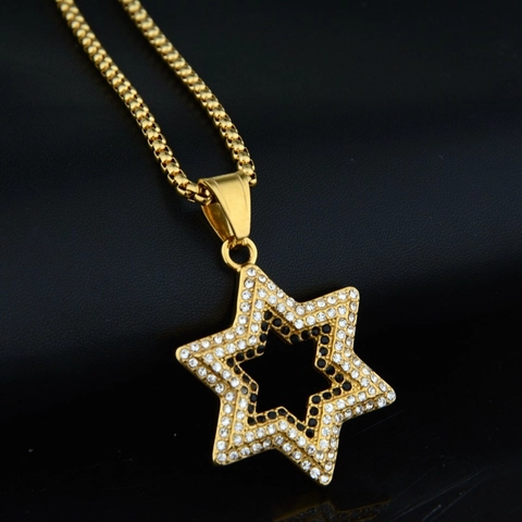 Collana con Pendente a Esagramma in Acciaio Inossidabile Hip Hop Gioielli in Oro con Stella di David e Strass Bicolore Unisex