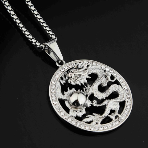 Hip Hop Edelstahl Chinesischer Drache Anhänger Halskette Mit Strass Kreis Unisex Silber Ton Drache Perle Schmuck Geschenk