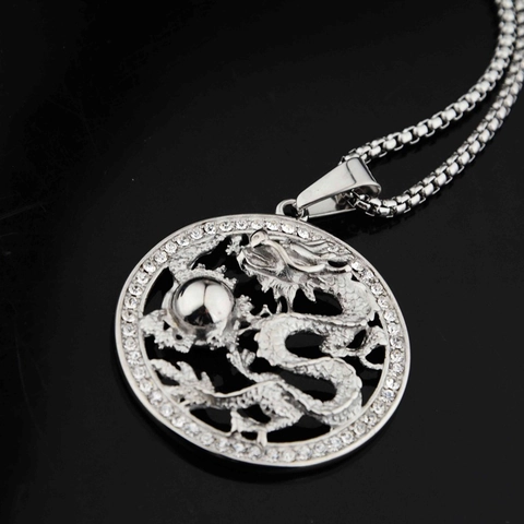 Hip Hop Edelstahl Chinesischer Drache Anhänger Halskette Mit Strass Kreis Unisex Silber Ton Drache Perle Schmuck Geschenk
