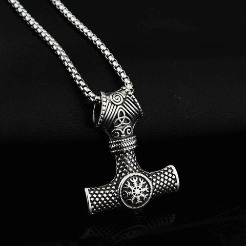 Vintage Stainless Steel Viking Thor Hammer Mjölnir Pendant Necklace Norse Mythology Vegvisir Jewelry Gift For Men Women