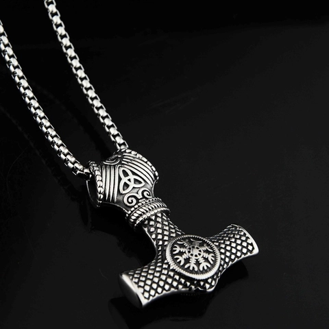 Vintage Stainless Steel Viking Thor Hammer Mjölnir Pendant Necklace Norse Mythology Vegvisir Jewelry Gift For Men Women