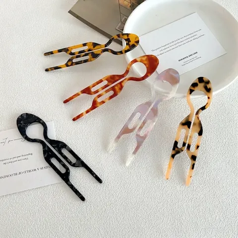 Horquilla de Pelo en Forma de U de Acetato Vintage Patrón de Carey Mármol Accesorio de Peinado Elegante Mujer Joyería