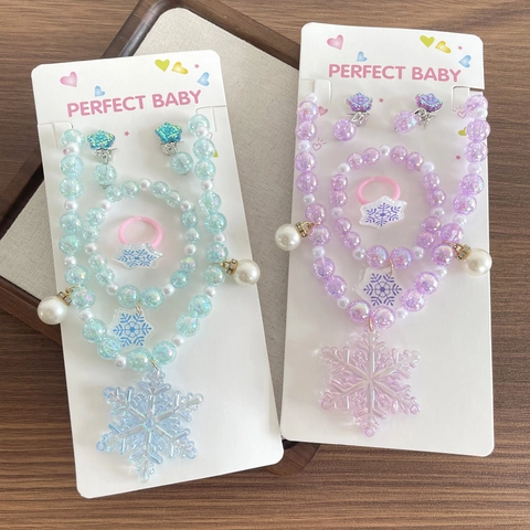 Collier Bracelet Bague Boucles d'Oreilles Flocon de Neige en Résine Plastique pour Filles Collection Bijoux Enfant Perle