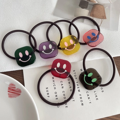 Acrylic Square Smiley Face Flower Hair Ties High Elasticity Dopamine Hair Rope For Women Girls Daily Sweet Hair Accessories