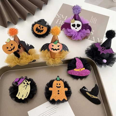 Fermagli per Capelli di Halloween per Bambini Divertenti Zucca Pipistrello Scheletro Fantasma Rete Cappello da Strega Copricapo per Accessori per Capelli da Festa Cosplay