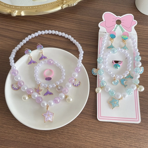 Ocean Theme Faux Artificial Pearl Mermaid Charms Necklace Bracelet Ring Earrings For Kids Girls Jewelry Birthday Gift