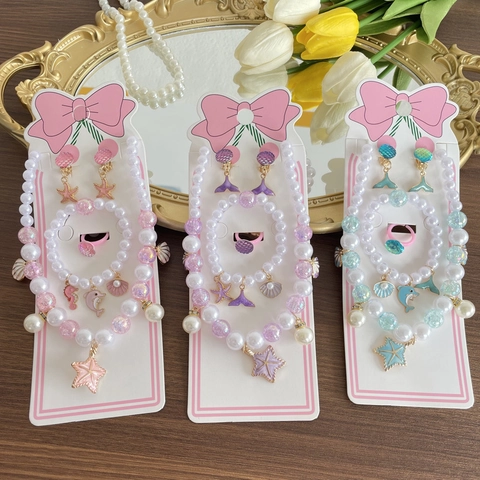 Ocean Theme Faux Artificial Pearl Mermaid Charms Necklace Bracelet Ring Earrings For Kids Girls Jewelry Birthday Gift