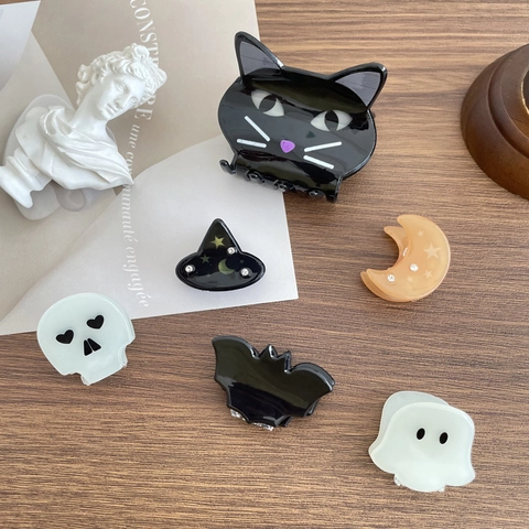 Pinza per Capelli in Acetato di Halloween Fantasma Gatto Nero Pipistrello Teschio Cappello da Mago Luna Strass Lucido Accessori Capelli Donna Festa