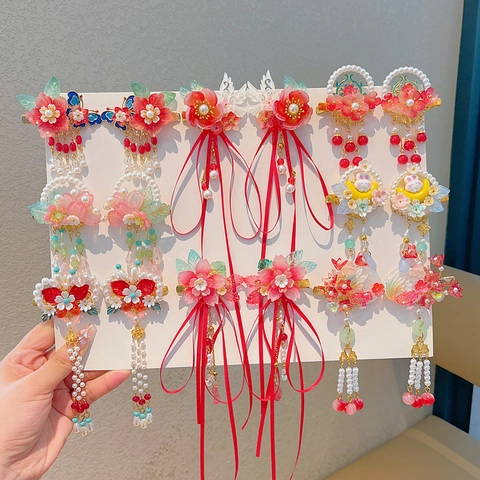 Barrettes à Cheveux Fleurs Hanfu Style Chinois Vintage Avec Longs Glands Künstliche Perles Papillon Lune Lapin Accessoires Cheveux Enfants Filles