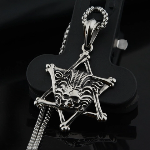 Collar con Colgante de Hexagrama de Calavera de Acero de Titanio para Hombres Mujeres Gótico Punk Hip Hop Joyería de Acero Inoxidable