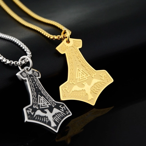 Nordic Viking Mjolnir Pendant Necklace Stainless Steel Thor's Hammer Raven Valknut Rune Amulet Hip Hop Punk Jewelry For Men Women